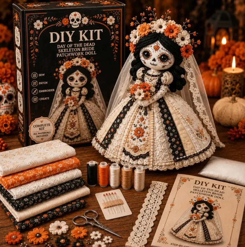 Day Of The Dead Patchwork Doll DIY Sewing Kit - Handmade Fabric Doll Craft Kit With Floral Details